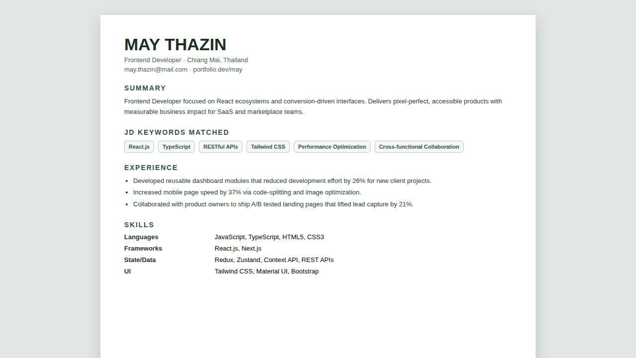 Role Tailored CV template preview