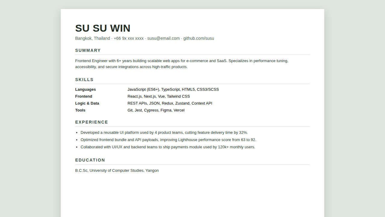 Single Column Standard CV template preview